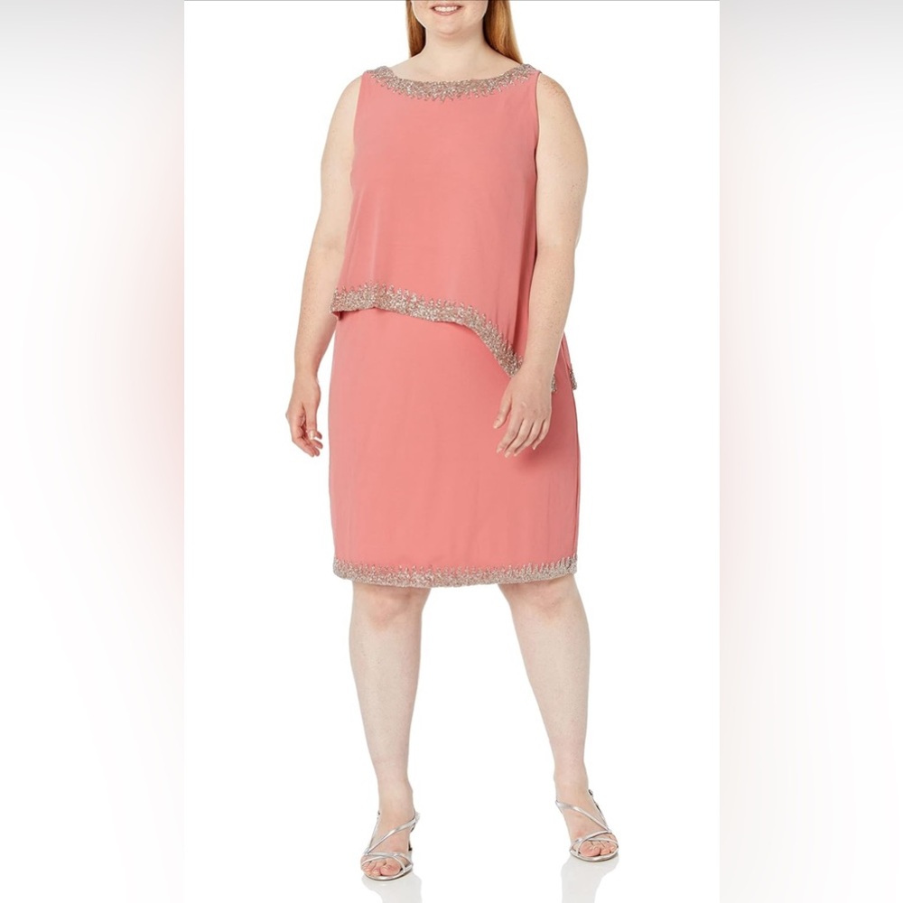 J Kara Women's👩🏽Asymmetrical Bodice EdgeBeadedShortCocktailDress👗Coral Sz 14P